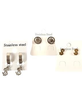 Stainless Steel Stud Earrings Lot of 3 Pairs Money Dollar Sign Gold Silver Tones